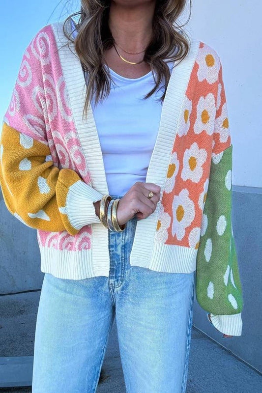 Orange Flower & Dotted Print Colorblock Open Front Cardigan
