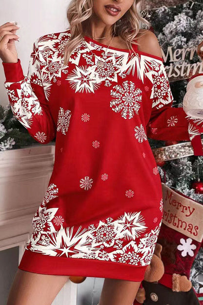 Vestido mini sudadera holgado con hombros descubiertos y copos de nieve navideños 