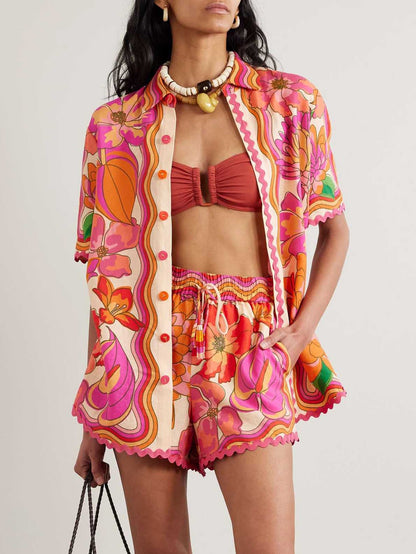 Exquisite Abstract Hibiscus Tropical Floral Print Two-piece Set