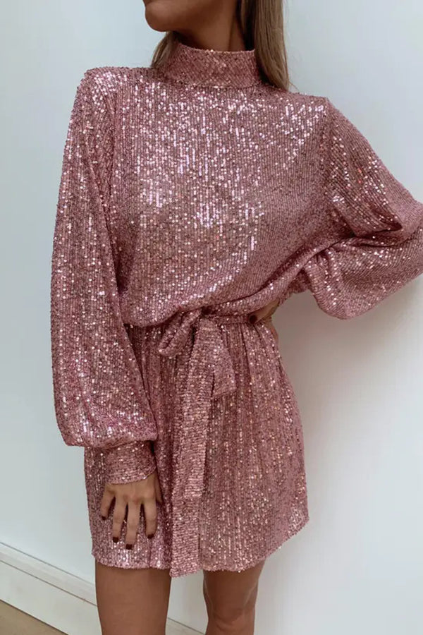 Fashionable Sequined Long-sleeved Belted Casual Mini Dress