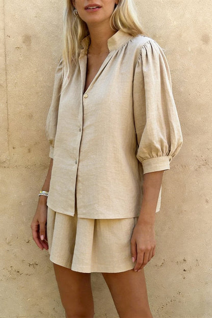 Linen Blend V-neck Puff Sleeve Shirt and Elastic Waist Loose Pocket Shorts Set