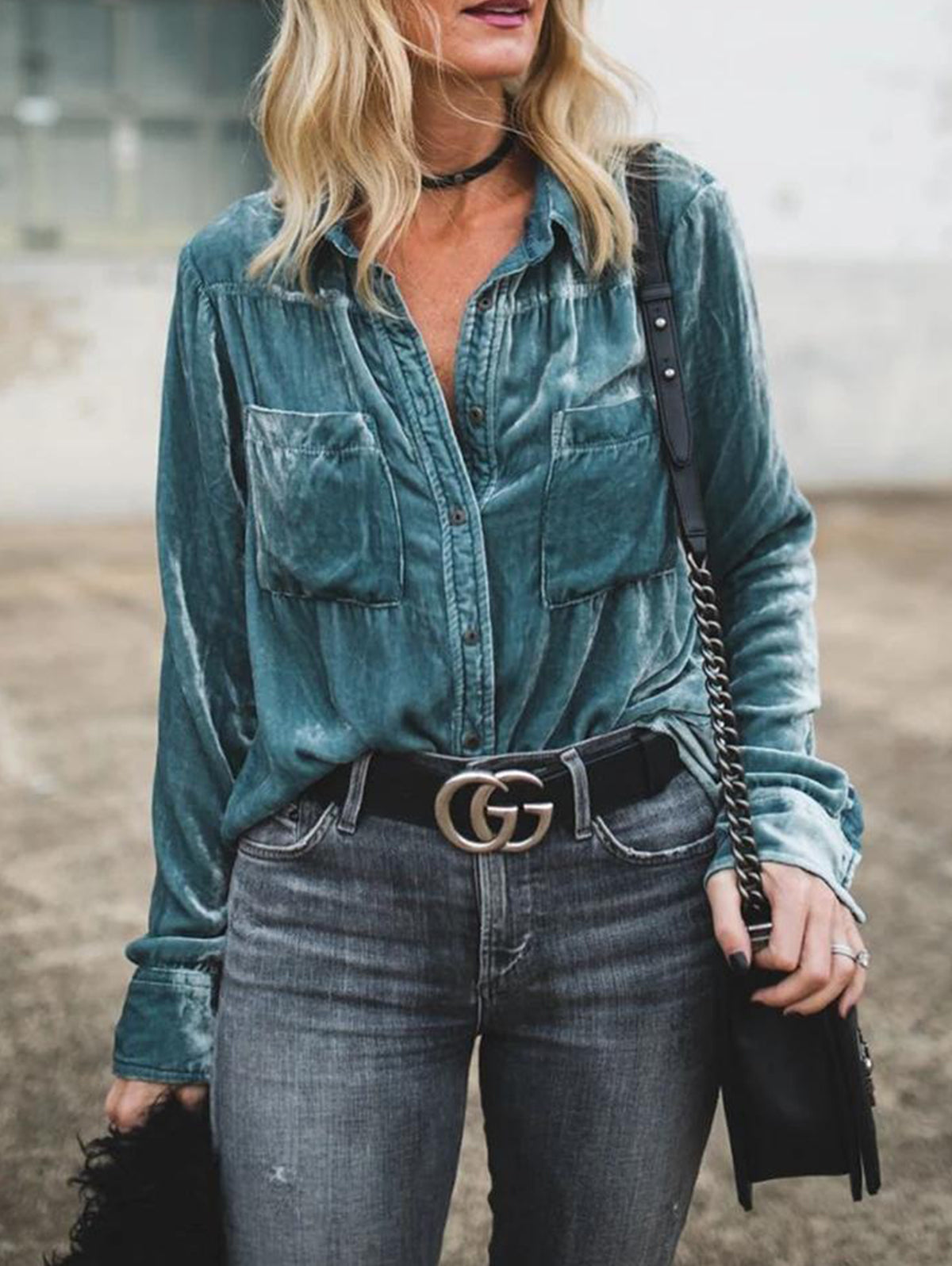 Casual Turndown Collar Pocket Button Long Sleeve Blouse