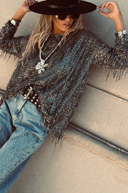 Party Crasher Sequin Tassle Fabric Long Sleeve Loose Top