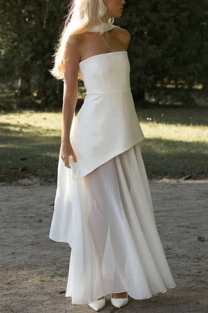 Vestido largo Monaco con hombros descubiertos, estructurado, de gasa y bajo con abertura 