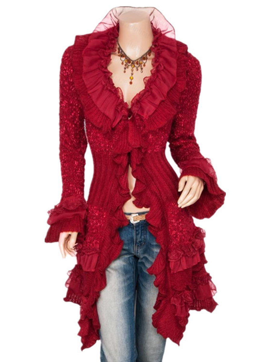 Daily Brown Stand-Up Collar Flare Long Sleeve Ruffle Vintage Contrast Knitted Cardigans