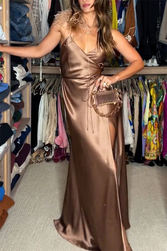 Celebration Night Satin Feather Trim Wrap Tie-up Slit Gown Maxi Dress