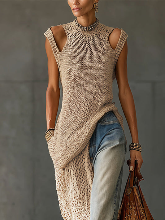 Beige Sleeveless Open Knit Long Sweater