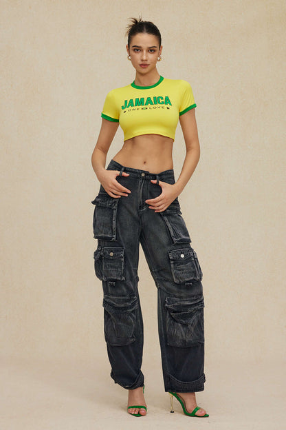 Jamaica "One Love" Yellow Graphic Crop Top