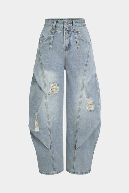 Denim Ripped Ruched Barrel Jeans