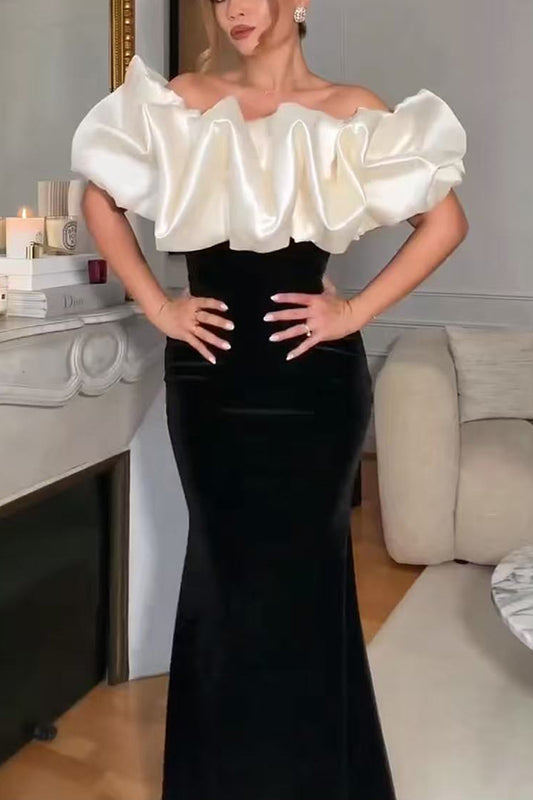 Cecily Velvet Off Shoulder Satin Structured Bardot Neck Stretch Maxi Dress