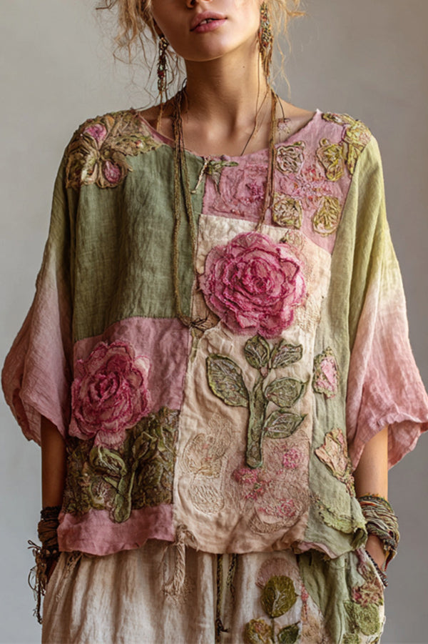 Top holgado de manga larga con cuello redondo y estampado floral bohemio 