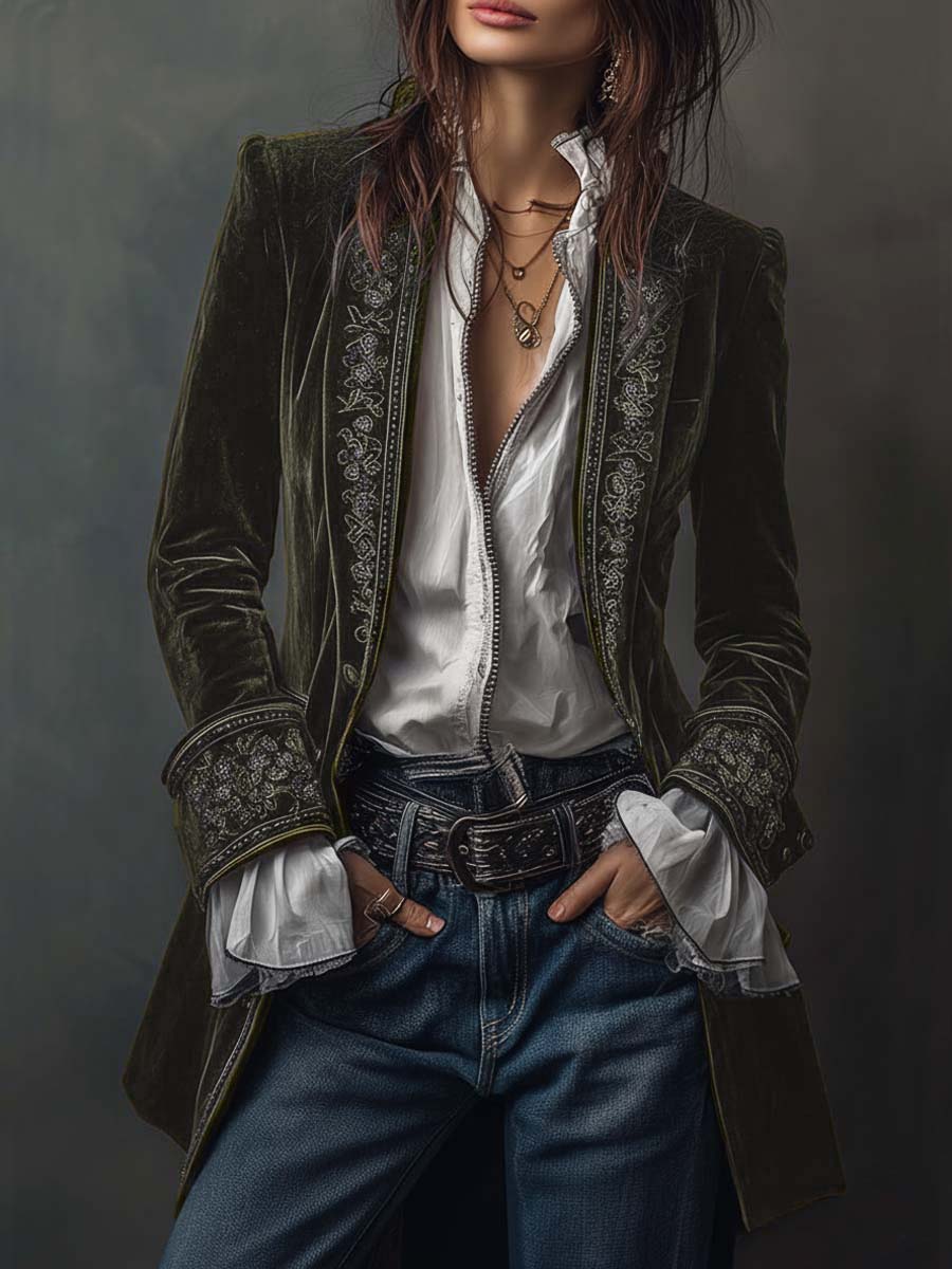 Business Casual Navy Blue Long Sleeve Embroidery Western Pocket Velvet Jacket