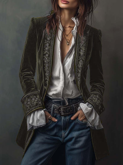 Business Casual Navy Blue Long Sleeve Embroidery Western Pocket Velvet Jacket