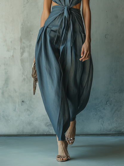 Sleeveless Tie-Front Jumpsuit With Cutout Waist And Draped Silhouette