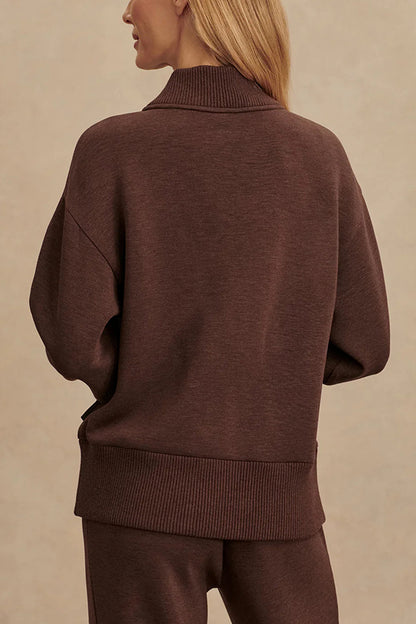 Meet The Autumn Ribbed Zipper Neck Sweatshirt and Elastic Waist Pocketed Loose Pants Set
