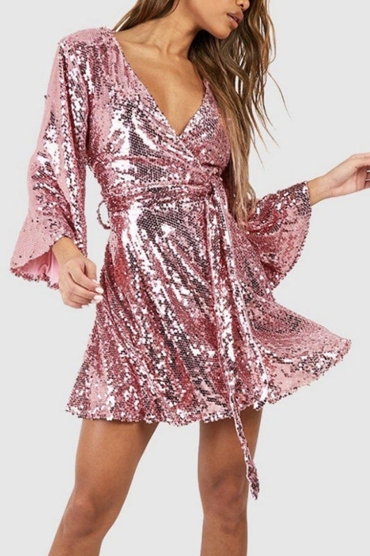 Solid Color Loose Sequined V-neck Tie Mini Dress