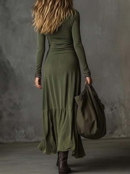 Daily Green Turndown Collar Long Sleeve Asymmetric Hem Western Zipper Chamois Midi Dresses