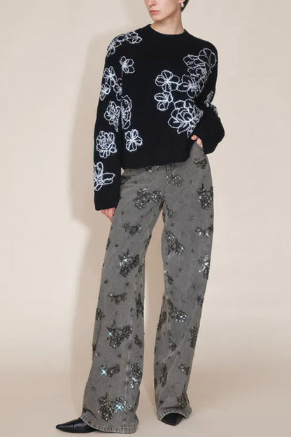 Jhenie Denim Beaded Sequin Floral Pattern Mid Rise Pocket Wide Leg Jeans