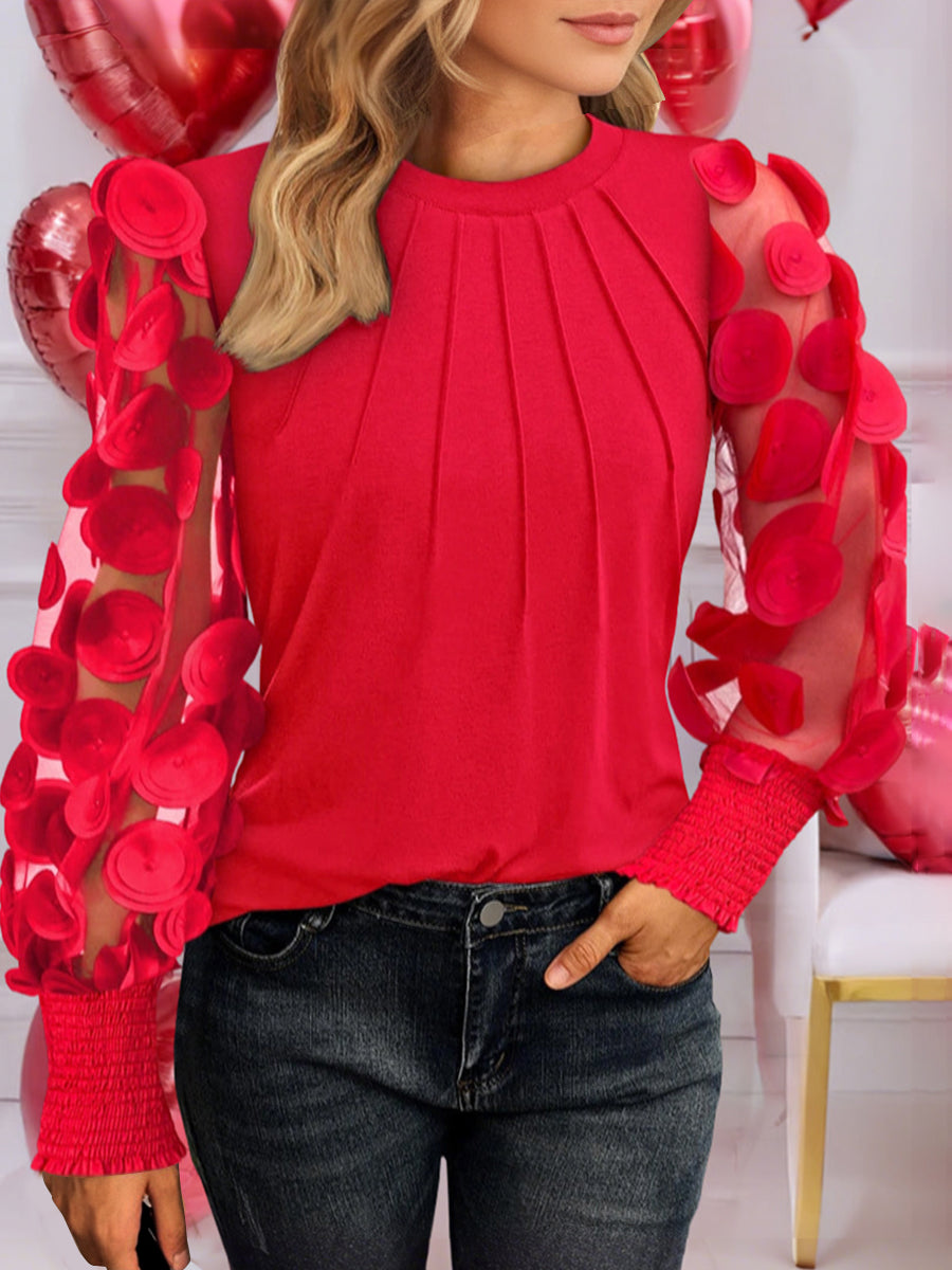 Valentines Red Round Neck Long Sleeve Contrast Elegant See Through Tulle Blouses