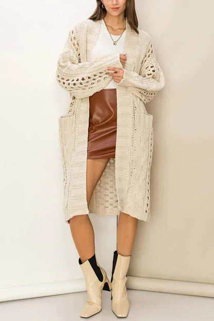 Knit Cable Cotout Long Sleeve Pocket Oversized Midi Cardigan