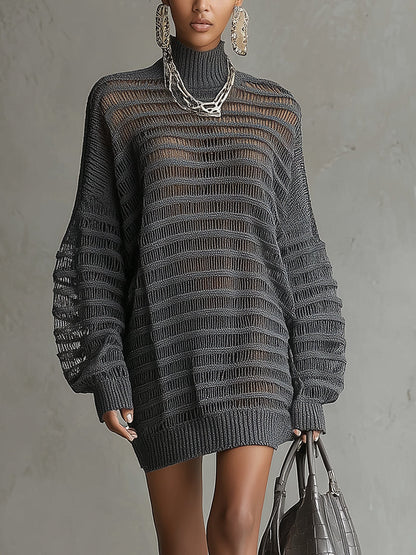 Gray Open-Knit Turtleneck Sweater Dress With Balloon Sleeves