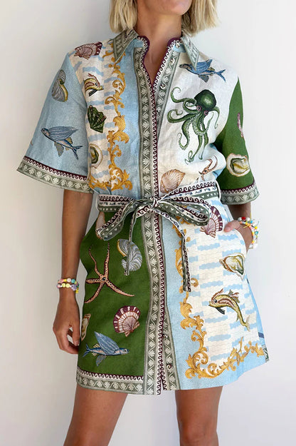 Vestido camisero corto con bolsillos y lazo, estampado único de mezcla de lino Deep Sea Dreaming 