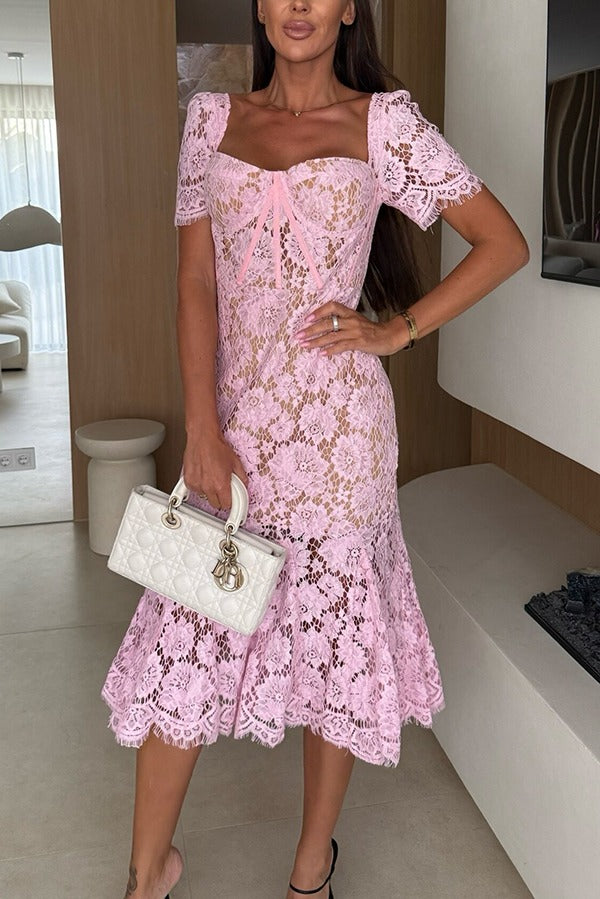 Jodie Flower Lace Sweet Heart Neck Short Sleeve Fishtail Midi Dress