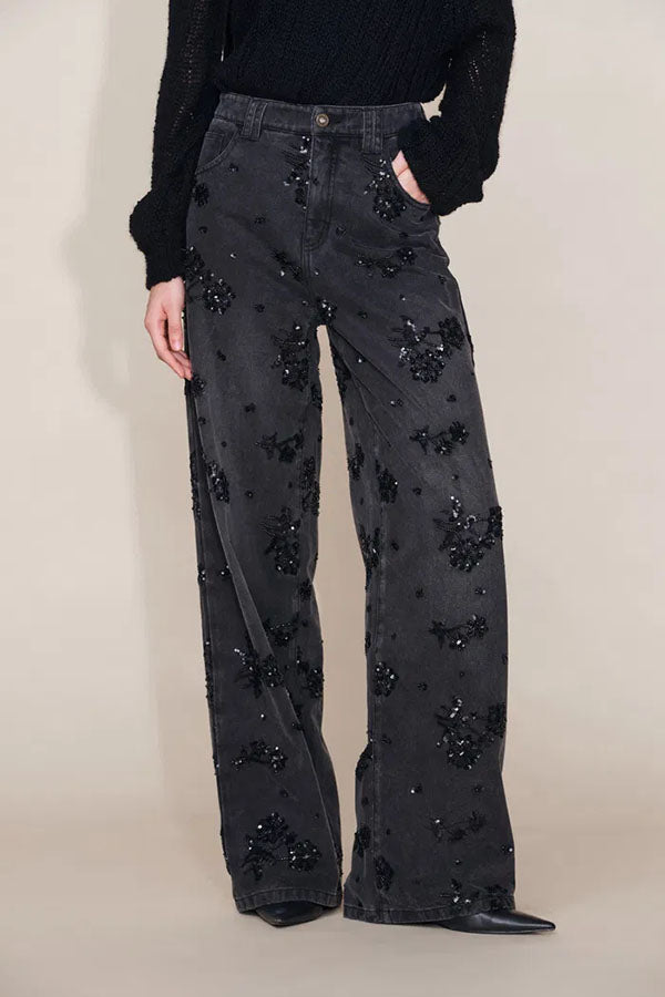 Jhenie Denim Beaded Sequin Floral Pattern Mid Rise Pocket Wide Leg Jeans