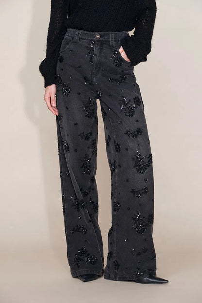 Jhenie Denim Beaded Sequin Floral Pattern Mid Rise Pocket Wide Leg Jeans