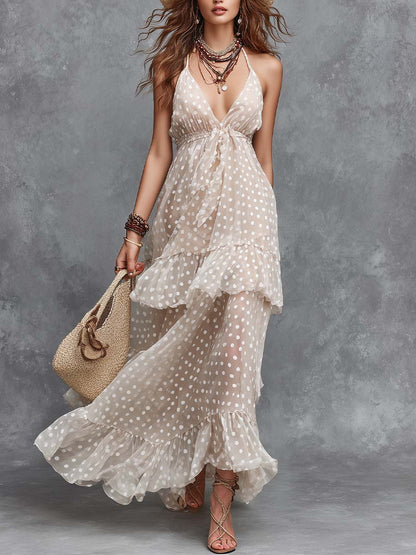 Bohemian Vintage Polka Dot Halter Maxi Dress