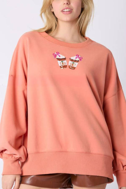 Halloween Coffee Sequin Top Loose Casual Sweatshirt