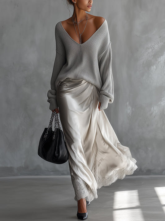 Gray Light Deep V-Neck Knit Sweater And Satin Skirt Set