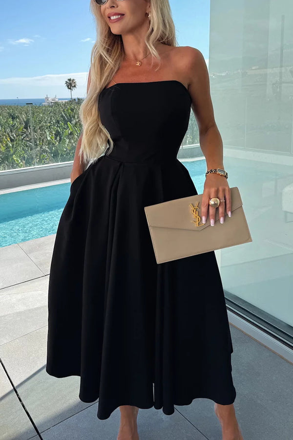 Sweet Cascade Solid Color Off Shoulder Pocket Full Hem Midi Dress