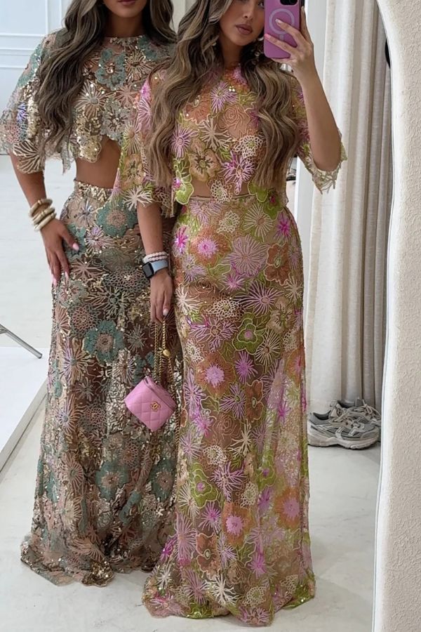 Fashionable Embroidered Flower Sequined Crop Top and Elegant Sheer Maxi Skirt Set