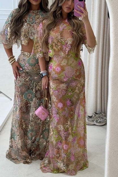 Fashionable Embroidered Flower Sequined Crop Top and Elegant Sheer Maxi Skirt Set