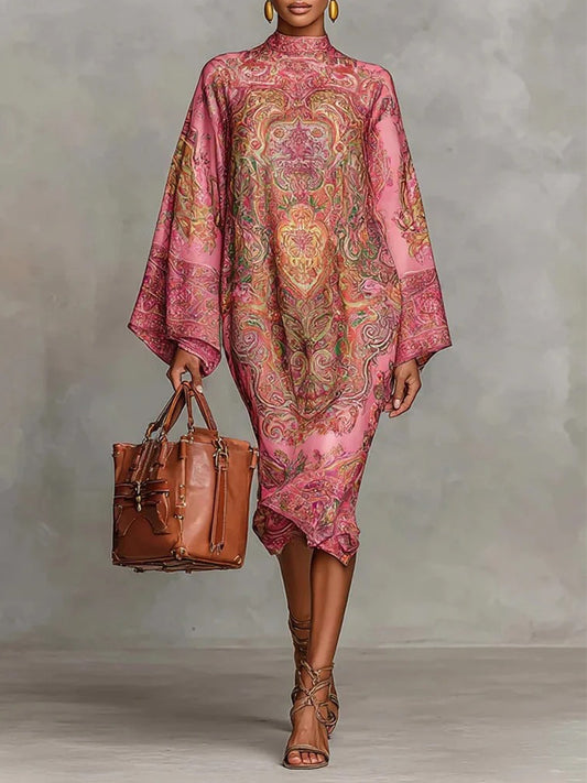 Daily Pink Paisley Mock Neck Long Sleeve Boho Midi Dresses