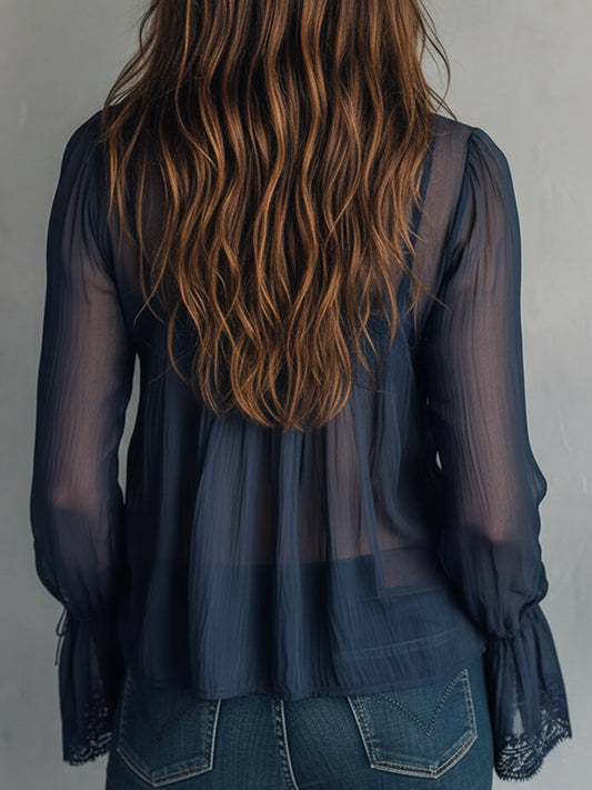 sheenchic Daily Mesh Royal Blue V Neck Long Sleeve See Through Vintage Ruffled Lace Blouses [Pre-Order]