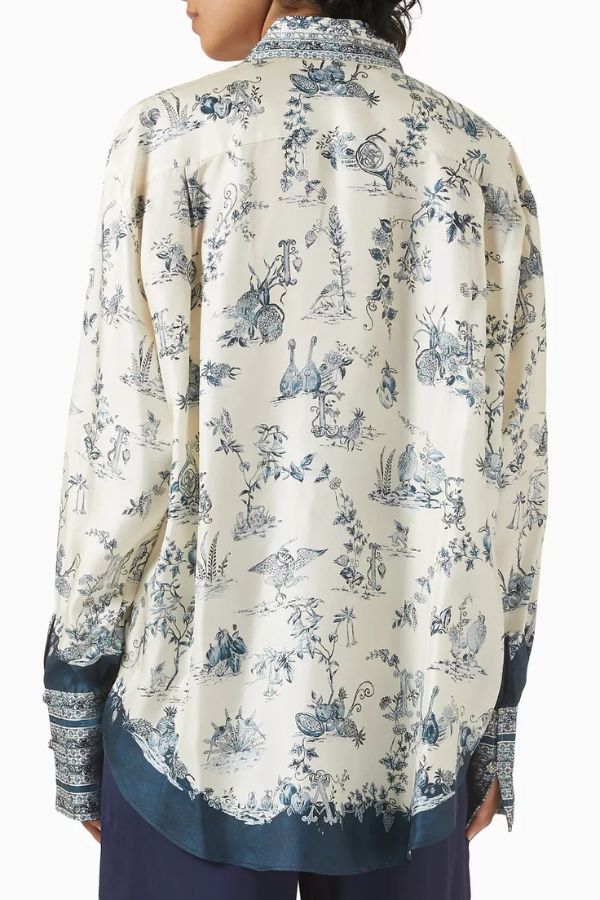 Bohemian Elegant Satin Contrast Color Unique Print Button Up Pocket Loose Blouse