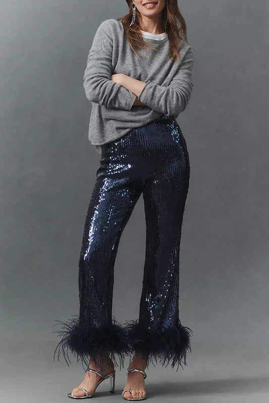 New Year Eve Sequin Feather Trim High Rise Back Zipper Flare Pants