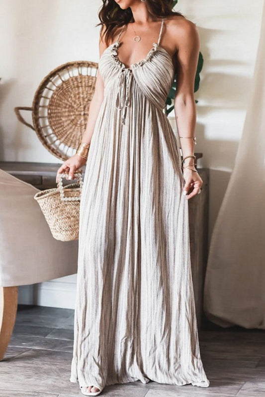 Vestido largo ligero con cuello halter, lazo en la espalda y estampado de aguas profundas