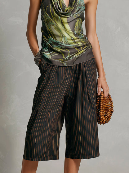 Retro Draped Halter Top & Striped Bermuda Shorts Set