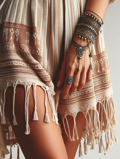 sheenchic Boho Pattern Striped Fringe Loose Irregular Shorts