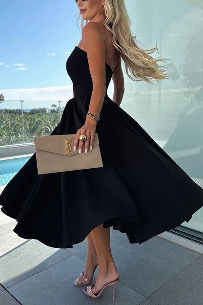 Sweet Cascade Solid Color Off Shoulder Pocket Full Hem Midi Dress