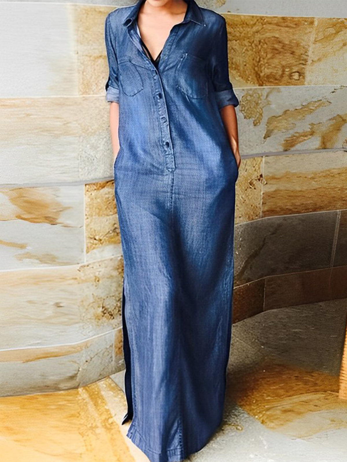 Casual Plain Lapel Collar Roll Tab Sleeve Loose Slit Maxi Shirt Dress