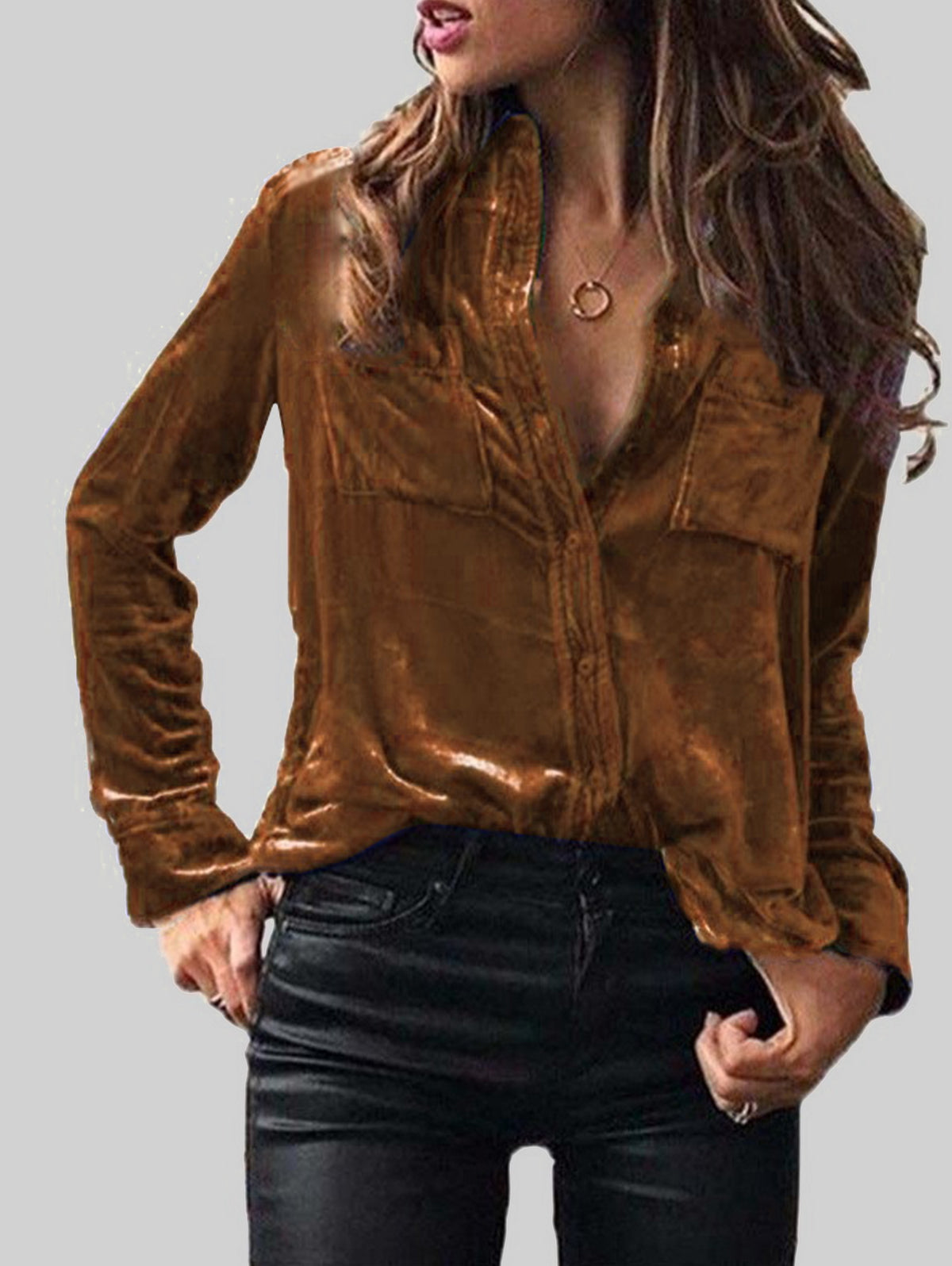 Casual Turndown Collar Pocket Button Long Sleeve Blouse