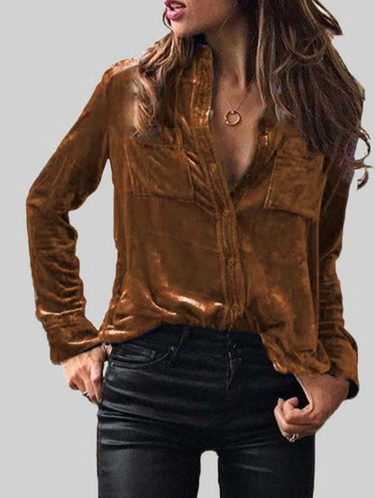 Casual Turndown Collar Pocket Button Long Sleeve Blouse