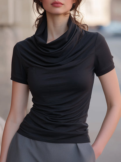 Draped Cowl-Neck Fitted Short-Sleeve T-Shirt