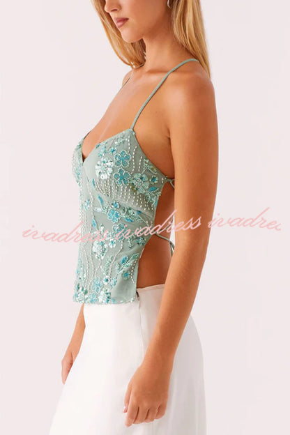 Dazzling Sequin Beaded Material Back Lace-up Loose Tank