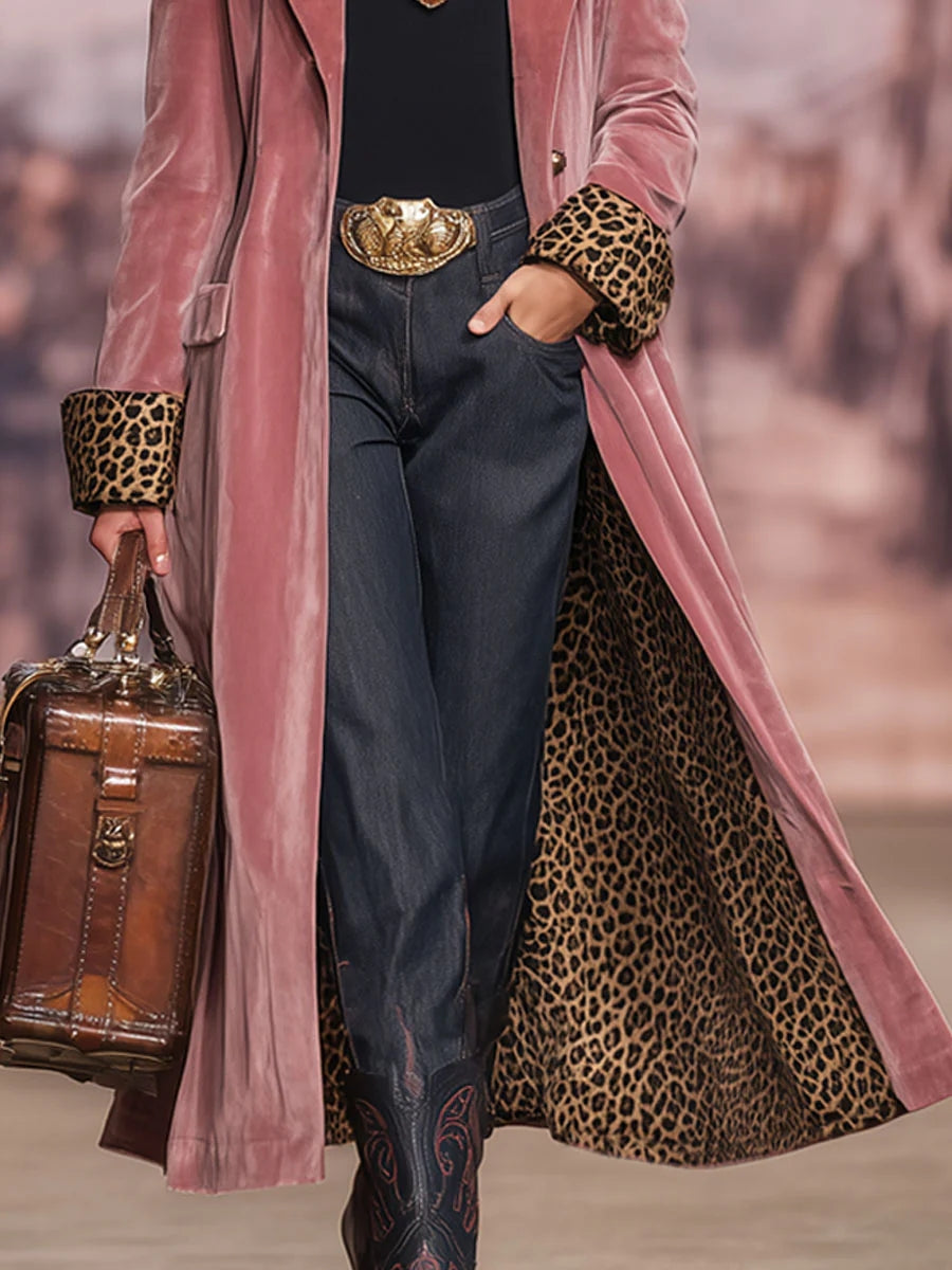 Daily Pink Leopard Turndown Collar Long Sleeve Pocket Vintage Button Velvet Coat