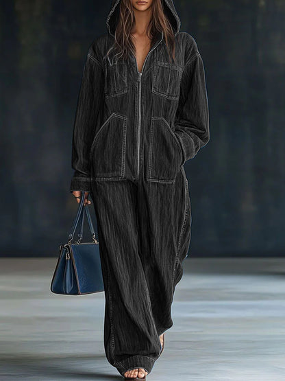 sheenchic Daily Blue Hooded Long Sleeve Pocket Vintage Zipper Denim Jumpsuits